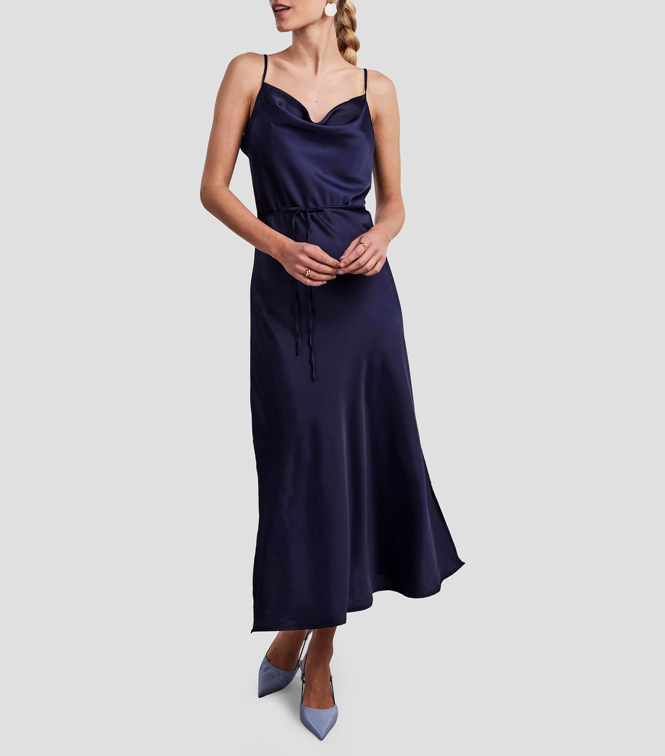 Vestido satinado de tirantes con escote drapeado, cintura ajustable con cordón Mujer